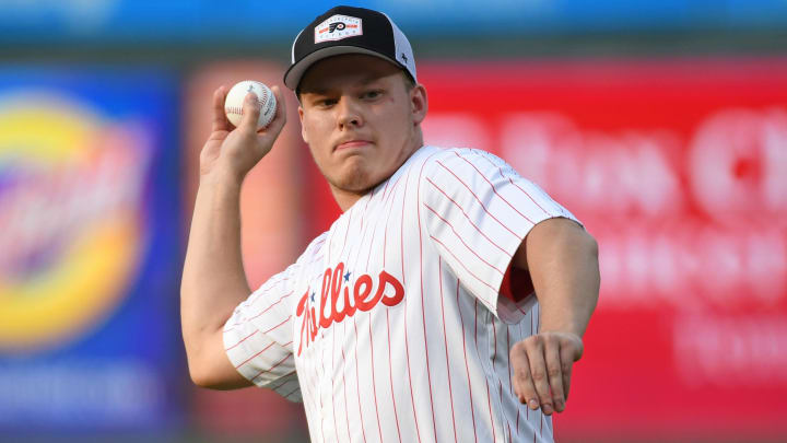 Jul 29, 2024; Philadelphia, Pennsylvania, USA; Philadelphia Flyers 2023 first round draft pick Matvei Michkov throws out first pitch before game between Philadelphia Phillies and New York Yankees at Citizens Bank Park. Mandatory Credit: Eric Hartline-USA TODAY Sports