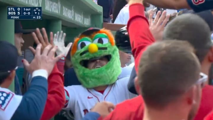 Wilyer Abreu rocks the Red Sox's new Wally mask. Wilyer Abreu rocks the Red Sox's new Wally mask.