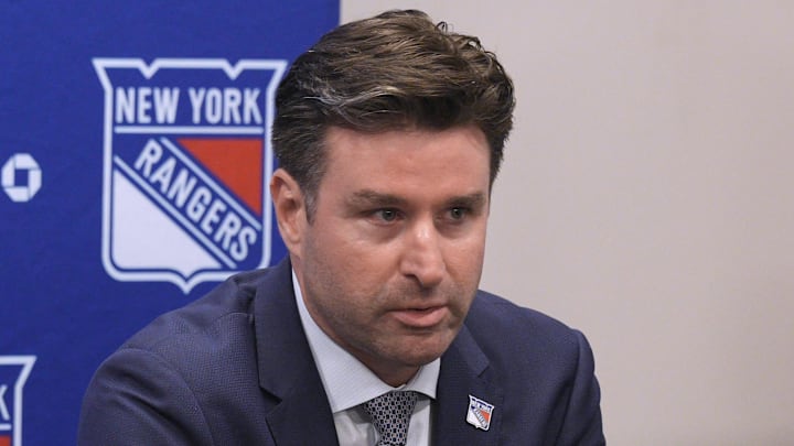May 8, 2025; Tarrytown, NY, USA;  New York Rangers president and general manager Chris Drury speaks during a press conference to introduce new head coach Mike Sullivan at the MSG Training Center in Tarrytown, New York May 8, 2025. Mandatory Credit: Peter Carr/USA TODAY NETWORK via Imagn Images