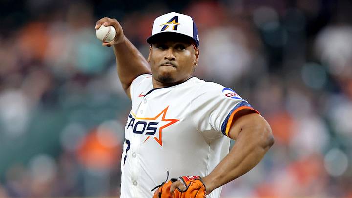 Houston Astros starting pitcher Luis Garcia (77) delivers a pitch