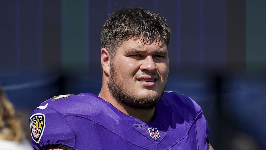 Sep 14, 2025; Baltimore, Maryland, USA; Baltimore Ravens center Tyler Linderbaum (64) before the game against the Cleveland Browns at M&T Bank Stadium. Mandatory Credit: Mitch Stringer-Imagn Images