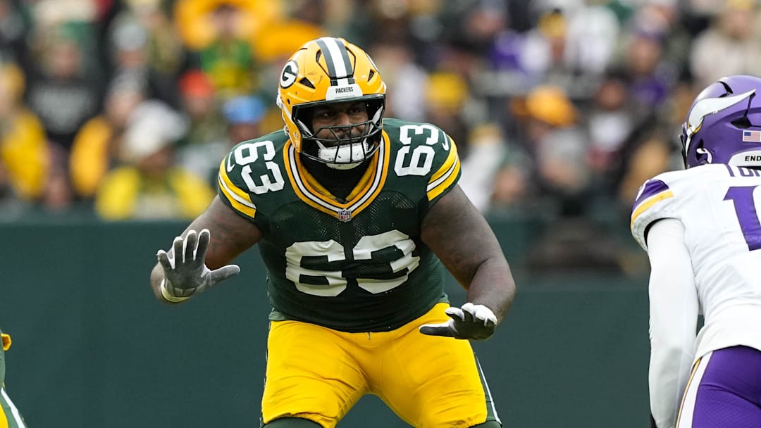 Nov 23, 2025; Green Bay, Wisconsin, USA; Green Bay Packers offensive tackle Rasheed Walker (63) during the game against the Minnesota Vikings at Lambeau Field. Mandatory Credit: Jeff Hanisch-Imagn Images Nov 23, 2025; Green Bay, Wisconsin, USA; Green Bay Packers offensive tackle Rasheed Walker (63) during the game against the Minnesota Vikings at Lambeau Field. Mandatory Credit: Jeff Hanisch-Imagn Images