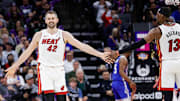 Feb 26, 2024; Sacramento, California, USA; Miami Heat forward Kevin Love (42) celebrates with center Bam Adebayo (13) during the third quarter against the Sacramento Kings at Golden 1 Center.