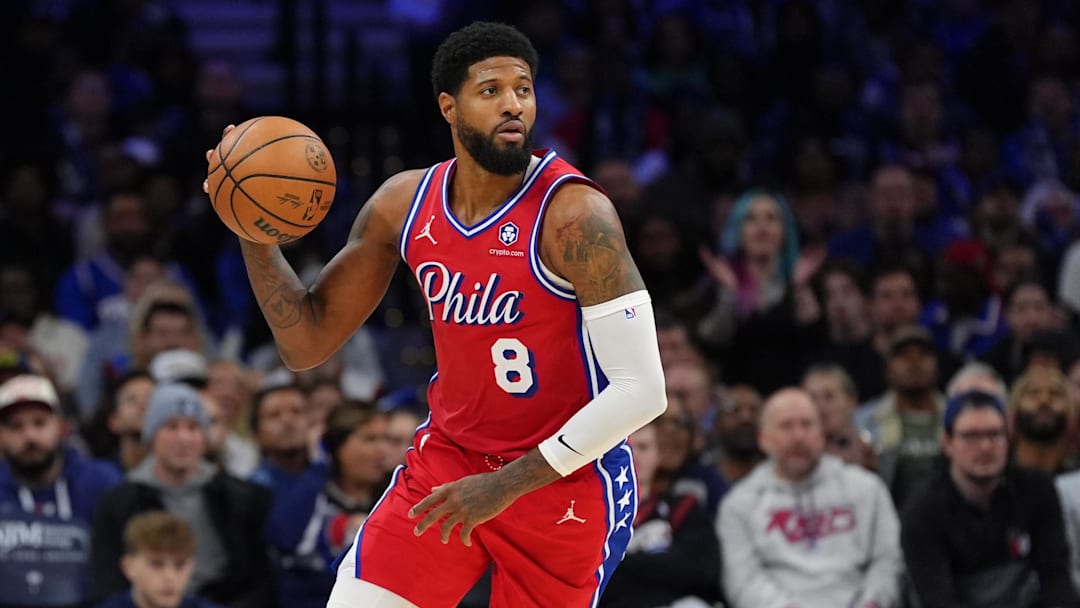 Dec 20, 2024; Philadelphia, Pennsylvania, USA; Philadelphia 76ers forward Paul George (8) controls the ball against the Charlotte Hornets in the fourth quarter at Wells Fargo Center. Mandatory Credit: Kyle Ross-Imagn Images