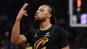 Nov 15, 2024; Cleveland, Ohio, USA; Cleveland Cavaliers guard Darius Garland (10) celebrates after hitting a three point basket during the first half against the Chicago Bulls at Rocket Mortgage FieldHouse. Mandatory Credit: Ken Blaze-Imagn Images