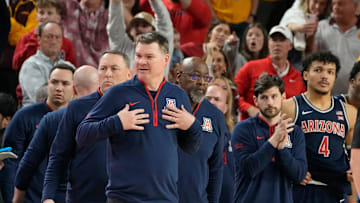 Arizona Wildcats head coach Tommy Lloyd reacts after Arizona State Sun Devils head coach Bobby Hurley instructs his team to go to the locker room before the end of a Big 12 men's basketball game at Desert Financial Arena on Feb. 1, 2025, in Tempe.