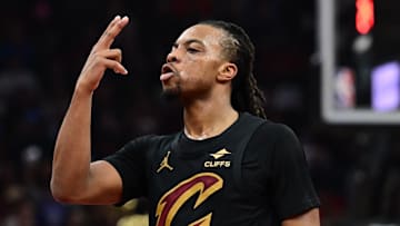 Nov 15, 2024; Cleveland, Ohio, USA; Cleveland Cavaliers guard Darius Garland (10) celebrates after hitting a three point basket during the first half against the Chicago Bulls at Rocket Mortgage FieldHouse. Mandatory Credit: Ken Blaze-Imagn Images