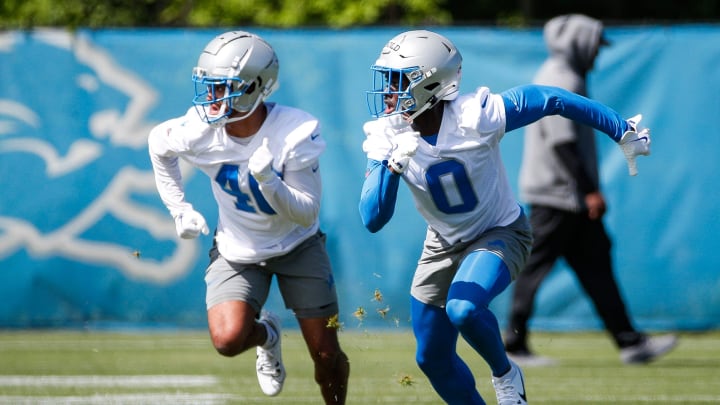 Detroit Lions cornerback Terrion Arnold (0) and safety Brandon Joseph (40) practice during rookie minicamp at Detroit Lions headquarters and practice facility in Allen Park on Friday, May 10, 2024.