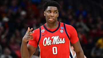 Mar 23, 2025; Milwaukee, WI, USA;  Mississippi Rebels forward Malik Dia (0) reacts during the first half in the second round of the NCAA Tournament against the Iowa State Cyclones at Fiserv Forum. Mandatory Credit: Benny Sieu-Imagn Images