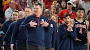 Arizona Wildcats head coach Tommy Lloyd reacts after Arizona State Sun Devils head coach Bobby Hurley instructs his team to go to the locker room before the end of a Big 12 men's basketball game at Desert Financial Arena on Feb. 1, 2025, in Tempe.