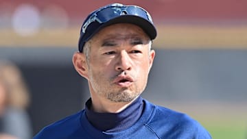 Feb 15, 2024; Peoria, AZ, USA; Former Seattle Mariners player Ichiro Suzuki looks on during a Spring Training workout at Peoria Sports Complex.  Mandatory Credit: Matt Kartozian-Imagn Images