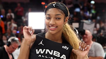 Team Collier forward Angel Reese celebrates after defeating Team Clark in the 2025 WNBA All-Star Game.