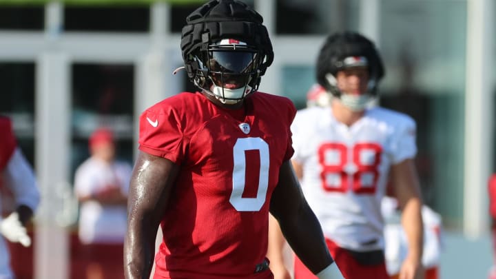 Jul 30, 2023; Tampa, FL, USA; Tampa Bay Buccaneers linebacker Yaya Diaby (0) during training camp at AdventHealth Training Center. Mandatory Credit: Kim Klement-USA TODAY Sports