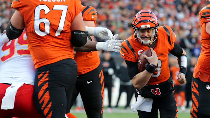 Dec 4, 2022; Cincinnati, Ohio, USA;  Cincinnati Bengals quarterback Joe Burrow (9) runs for the touchdown during the first quarter against the Kansas City Chiefs at Paycor Stadium. Mandatory Credit: Joseph Maiorana-Imagn Images