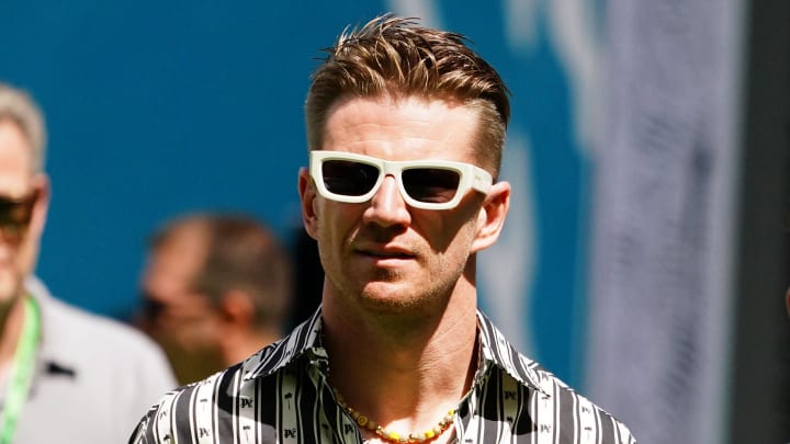 May 5, 2024; Miami Gardens, Florida, USA; Nico Hulkenberg arrives in the paddock before the Miami Grand Prix at Miami International Autodrome. Mandatory Credit: John David Mercer-USA TODAY Sports