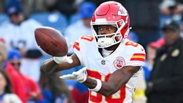 Nov 2, 2025; Orchard Park, New York, USA; Kansas City Chiefs wide receiver Tyquan Thornton (80) warms up before the game against the Buffalo Bills at Highmark Stadium.