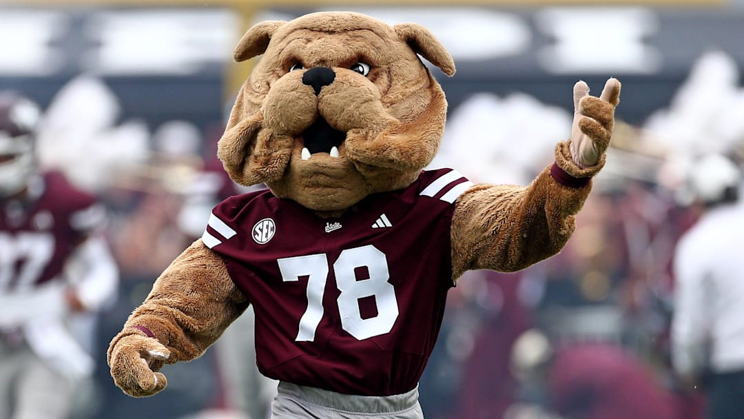 Mississippi State Bulldogs mascot Bully runs onto the field prior to the game against the Texas Longhorns at Davis Wade Stadium at Scott Field.