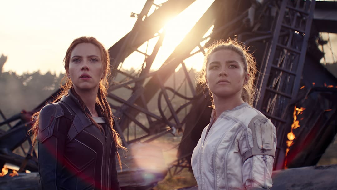 (L-R): Black Widow/Natasha Romanoff (Scarlett Johansson) and Yelena (Florence Pugh) in Marvel Studios' BLACK WIDOW, in theaters and on Disney+ with Premier Access. Photo courtesy of Marvel Studios. ©Marvel Studios 2021. All Rights Reserved.