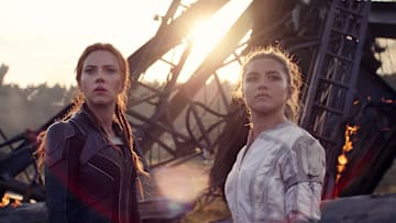 (L-R): Black Widow/Natasha Romanoff (Scarlett Johansson) and Yelena (Florence Pugh) in Marvel Studios' BLACK WIDOW, in theaters and on Disney+ with Premier Access. Photo courtesy of Marvel Studios. ©Marvel Studios 2021. All Rights Reserved.