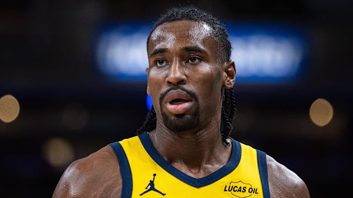 Indiana Pacers guard/forward Aaron Nesmith (23) in the second half against the Cleveland Cavaliers at Gainbridge Fieldhouse.