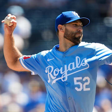 Sep 8, 2024; Kansas City, Missouri, USA; Kansas City Royals starting pitcher Michael Wacha (52) pitches during the first inning against the Minnesota Twins at Kauffman Stadium. Mandatory Credit: Jay Biggerstaff-Imagn Images