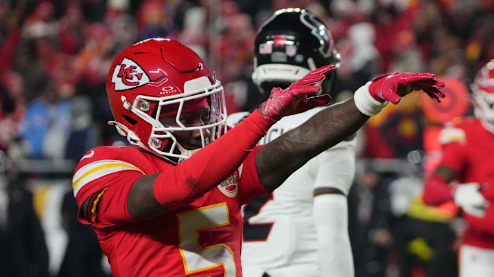 Dec 7, 2025; Kansas City, Missouri, USA; Kansas City Chiefs wide receiver Hollywood Brown (5) celebrates after catching a pass during the third quarter against the Houston Texans at GEHA Field at Arrowhead Stadium. Mandatory Credit: Denny Medley-Imagn Images