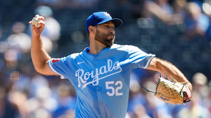 Sep 8, 2024; Kansas City, Missouri, USA; Kansas City Royals starting pitcher Michael Wacha (52) pitches during the first inning against the Minnesota Twins at Kauffman Stadium. Mandatory Credit: Jay Biggerstaff-Imagn Images