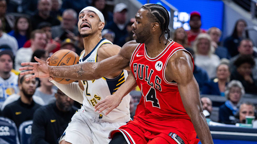 Jan 28, 2026; Indianapolis, Indiana, USA;  Indiana Pacers guard/forward Andrew Nembhard (2) shoots the ball while Chicago Bulls forward Patrick Williams (44) defends in the second half at Gainbridge Fieldhouse. Mandatory Credit: Trevor Ruszkowski-Imagn Images