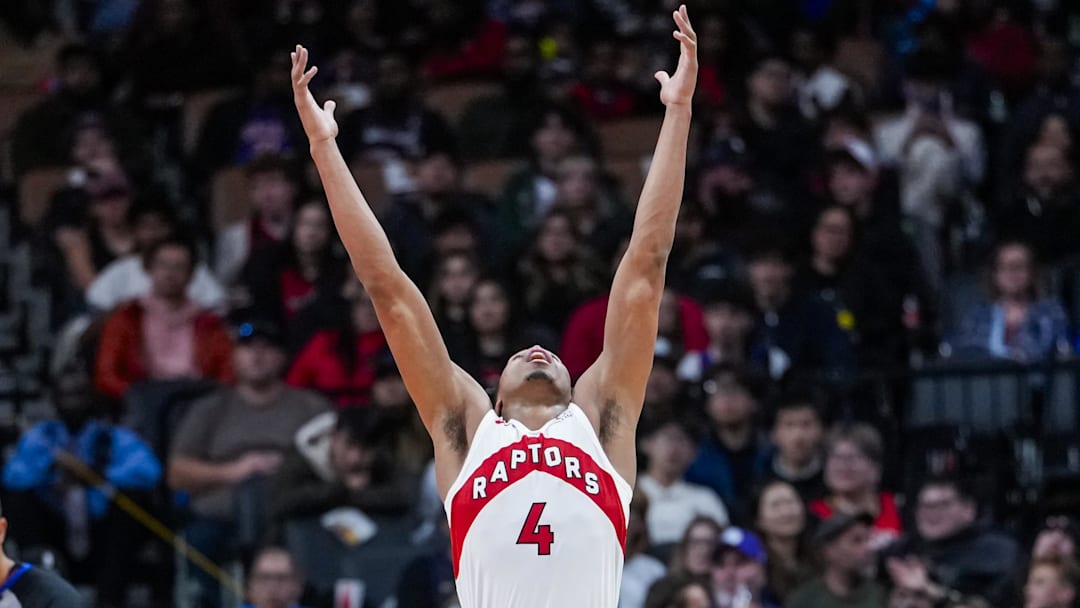 Oct 17, 2025; Toronto, Ontario, CAN; Toronto Raptors forward/guard Scottie Barnes (4) celebrates a basket against the Brooklyn Nets during the first half at Scotiabank Arena. Mandatory Credit: Kevin Sousa-Imagn Images