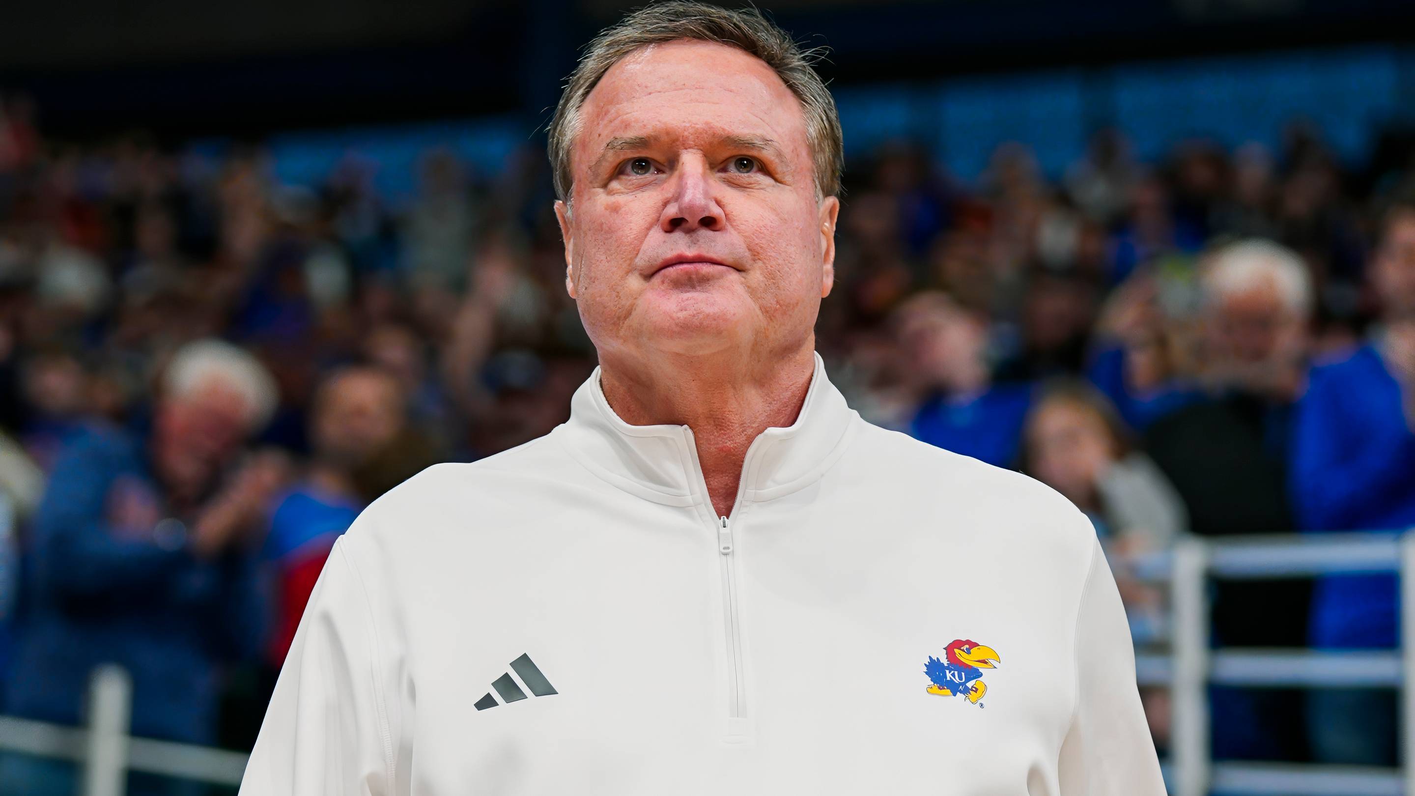 Nov 30, 2024; Lawrence, Kansas, USA; Kansas Jayhawks head coach Bill Self is introduced prior to a game against the Furman Paladins at Allen Fieldhouse. Mandatory Credit: Jay Biggerstaff-Imagn Images | USA TODAY Sports via Reuters Connect