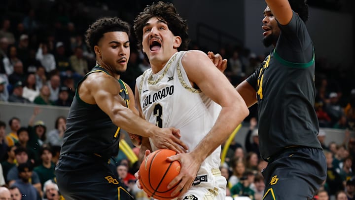 Feb 4, 2026; Waco, Texas, USA;  Colorado Buffaloes forward Alon Michaeli (3) is fouled by Baylor Bears guard Isaac Williams (10) during the first half at Paul and Alejandra Foster Pavilion. Mandatory Credit: Chris Jones-Imagn Images