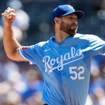 Sep 8, 2024; Kansas City, Missouri, USA; Kansas City Royals starting pitcher Michael Wacha (52) pitches during the first inning against the Minnesota Twins at Kauffman Stadium. Mandatory Credit: Jay Biggerstaff-Imagn Images