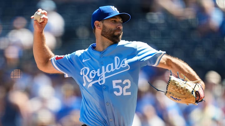 Sep 8, 2024; Kansas City, Missouri, USA; Kansas City Royals starting pitcher Michael Wacha (52) pitches during the first inning against the Minnesota Twins at Kauffman Stadium. Mandatory Credit: Jay Biggerstaff-Imagn Images