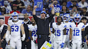 Nov 10, 2024; Houston, Texas, USA; Detroit Lions head coach Dan Campbell reacts after a defensive play during the fourth quarter against the Houston Texans at NRG Stadium. Mandatory Credit: Troy Taormina-Imagn Images
