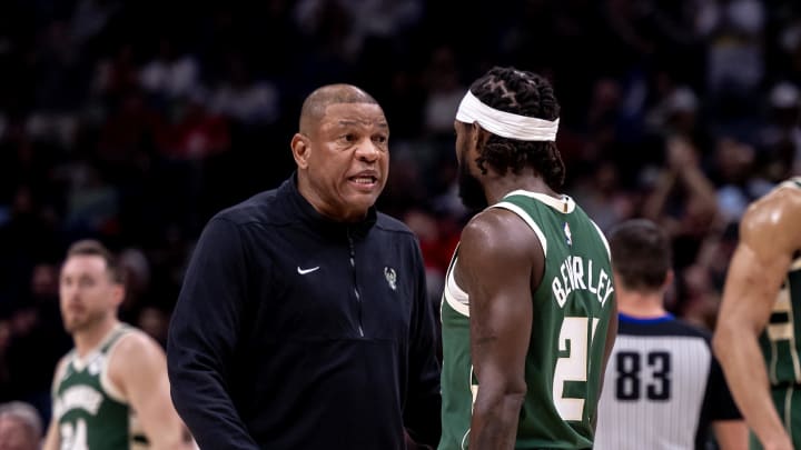 Mar 28, 2024; New Orleans, Louisiana, USA;   Milwaukee Bucks head coach Doc Rivers talks to guard Patrick Beverley (21) on a time out against the New Orleans Pelicans during the first half at Smoothie King Center. Mandatory Credit: Stephen Lew-USA TODAY Sports