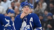 Jan 29, 2025; Toronto, Ontario, CAN;  Toronto Maple Leafs forward Mitch Marner (16) looks on against the Minnesota Wild in the third period at Scotiabank Arena. Mandatory Credit: Dan Hamilton-Imagn Images