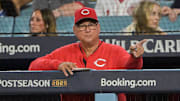 Oct 1, 2025; Los Angeles, California, USA; Cincinnati Reds manager Terry Francona (77) guestures in the seventh inning against the Los Angeles Dodgers during game two of the Wildcard round for the 2025 MLB playoffs at Dodger Stadium. Mandatory Credit: Jayne Kamin-Oncea-Imagn Images