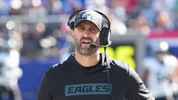Oct 20, 2024; East Rutherford, New Jersey, USA;  Philadelphia Eagles head coach Nick Sirianni  against the New York Giants at MetLife Stadium. Mandatory Credit: Robert Deutsch-Imagn Images