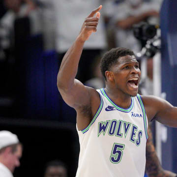 May 24, 2024; Minneapolis, Minnesota, USA; Minnesota Timberwolves guard Anthony Edwards (5) reacts in the second quarter against the Dallas Mavericks during game two of the western conference finals for the 2024 NBA playoffs at Target Center. Mandatory Credit: Brad Rempel-USA TODAY Sports