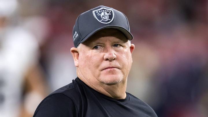 Aug 23, 2025; Glendale, Arizona, USA; Las Vegas Raiders offensive coordinator Chip Kelly against the Arizona Cardinals during a preseason NFL game at State Farm Stadium. Mandatory Credit: Mark J. Rebilas-Imagn Images