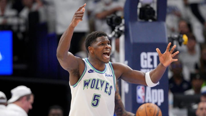 May 24, 2024; Minneapolis, Minnesota, USA; Minnesota Timberwolves guard Anthony Edwards (5) reacts in the second quarter against the Dallas Mavericks during game two of the western conference finals for the 2024 NBA playoffs at Target Center. Mandatory Credit: Brad Rempel-USA TODAY Sports