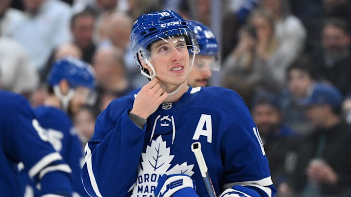 Jan 29, 2025; Toronto, Ontario, CAN; Toronto Maple Leafs forward Mitch Marner (16) looks on against the Minnesota Wild in the third period at Scotiabank Arena. Mandatory Credit: Dan Hamilton-Imagn Images Jan 29, 2025; Toronto, Ontario, CAN; Toronto Maple Leafs forward Mitch Marner (16) looks on against the Minnesota Wild in the third period at Scotiabank Arena. Mandatory Credit: Dan Hamilton-Imagn Images