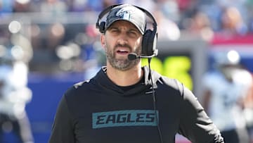 Oct 20, 2024; East Rutherford, New Jersey, USA;  Philadelphia Eagles head coach Nick Sirianni  against the New York Giants at MetLife Stadium. Mandatory Credit: Robert Deutsch-Imagn Images