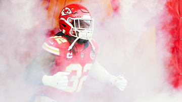 Jan 18, 2025; Kansas City, Missouri, USA; Kansas City Chiefs linebacker Nick Bolton (32) takes the field prior to a 2025 AFC divisional round game against the Houston Texans at GEHA Field at Arrowhead Stadium.