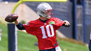 May 11, 2024; Foxborough, MA, USA; New England Patriots quarterback Drake Maye (10) throws a pass at the New England Patriots rookie camp at Gillette Stadium.  Mandatory Credit: Eric Canha-USA TODAY Sports