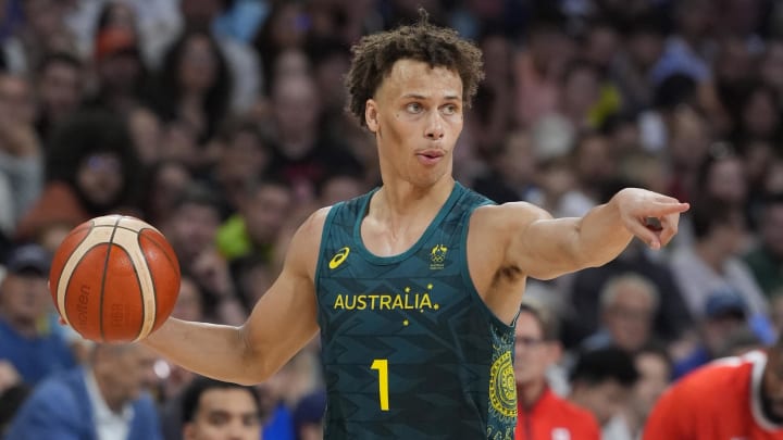 Jul 30, 2024; Villeneuve-d'Ascq, France; Australia point guard Dyson Daniels (1) in action against Canada in a men's group stage basketball match during the Paris 2024 Olympic Summer Games at Stade Pierre-Mauroy.