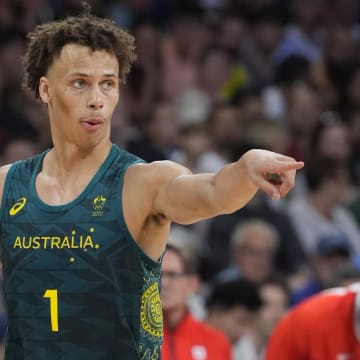 Jul 30, 2024; Villeneuve-d'Ascq, France; Australia point guard Dyson Daniels (1) in action against Canada in a men's group stage basketball match during the Paris 2024 Olympic Summer Games at Stade Pierre-Mauroy. Mandatory Credit: John David Mercer-USA TODAY Sports