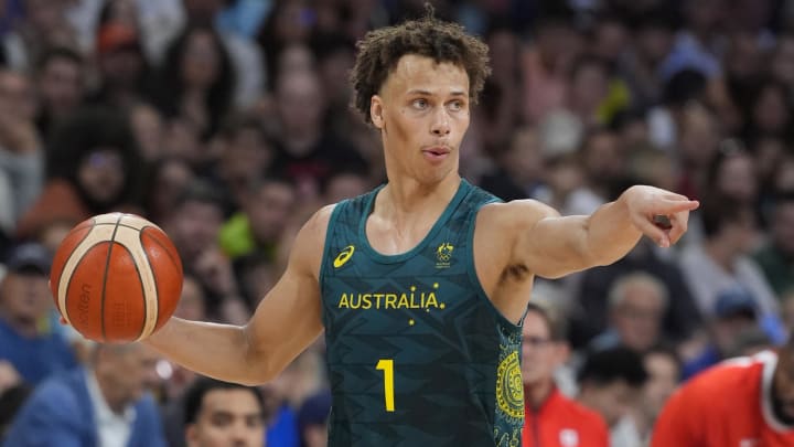 Jul 30, 2024; Villeneuve-d'Ascq, France; Australia point guard Dyson Daniels (1) in action against Canada in a men's group stage basketball match during the Paris 2024 Olympic Summer Games at Stade Pierre-Mauroy. Mandatory Credit: John David Mercer-USA TODAY Sports