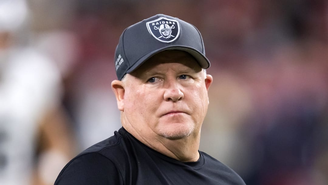 Aug 23, 2025; Glendale, Arizona, USA; Las Vegas Raiders offensive coordinator Chip Kelly against the Arizona Cardinals during a preseason NFL game at State Farm Stadium. Mandatory Credit: Mark J. Rebilas-Imagn Images