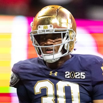 Jan 20, 2025; Atlanta, GA, USA; Notre Dame Fighting Irish defensive lineman Bryce Young (30) against the Ohio State Buckeyes during the CFP National Championship college football game at Mercedes-Benz Stadium. Mandatory Credit: Mark J. Rebilas-Imagn Images
